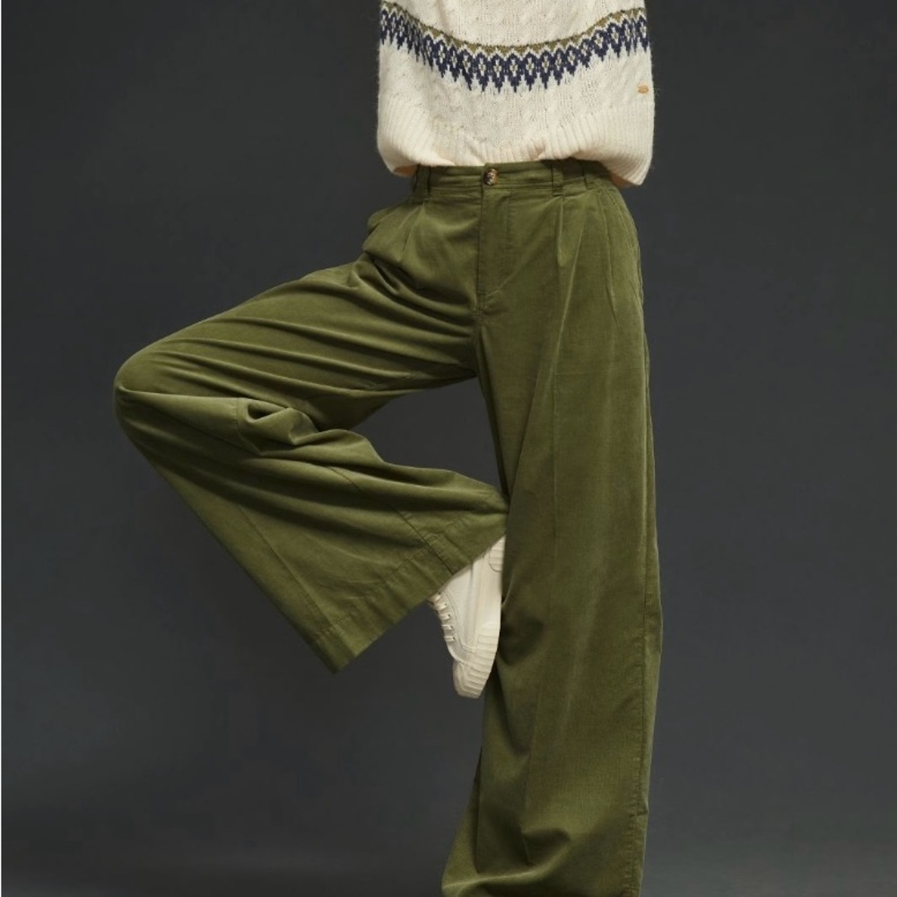 Olive Green Wide-Leg Corduroy Pants
